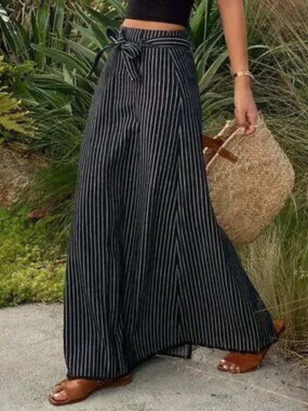 Black Casual Loose Cinched Women's striped Denim maxi Skirt